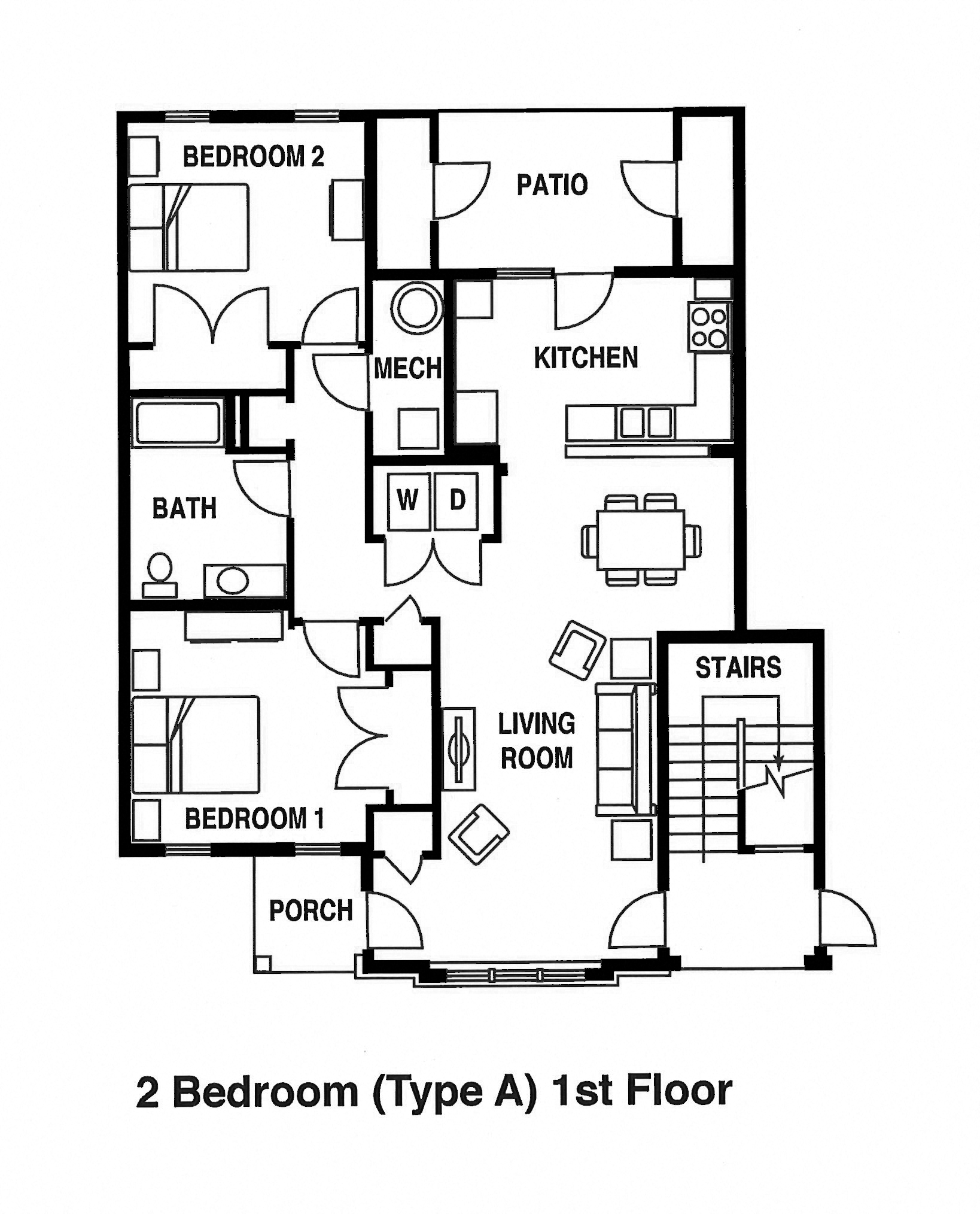 Floor plan for 2 beds, 1 bath, 1057 sqft